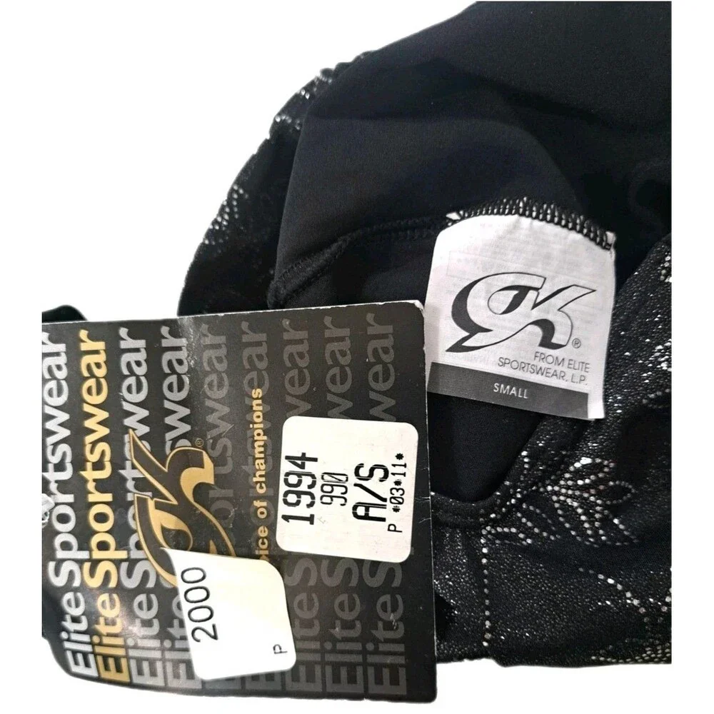 GK Elite VTG Foiled Floral Dot Silver Black LS Velvet Sleeves Leotard Size AS